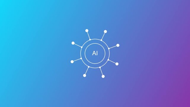Artificial intelligence icon animation featuring white circuit brain symbol over blue and purple gradient background for modern technology concepts and visuals.