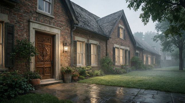 Traditional brick home featuring classic gabled architecture and shuttered windows on a quiet residential street