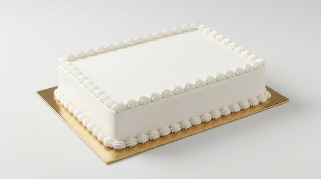 A blank white rectangular cake on a gold board with decorative frosting, providing copy space for event and celebration customization.