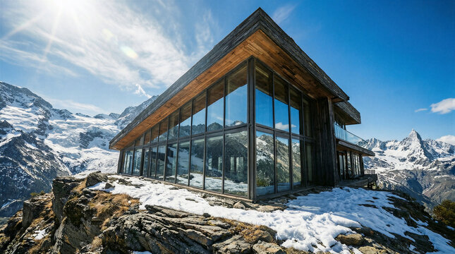 Sleek geometric mountain mansion featuring floor-to-ceiling glass facades that frame surrounding snow-capped peaks