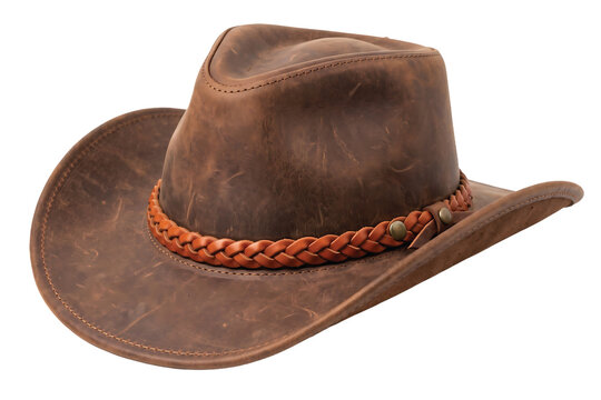 Brown leather cowboy hat with a braided band and worn texture isolated on a transparent background for western fashion and retail design.