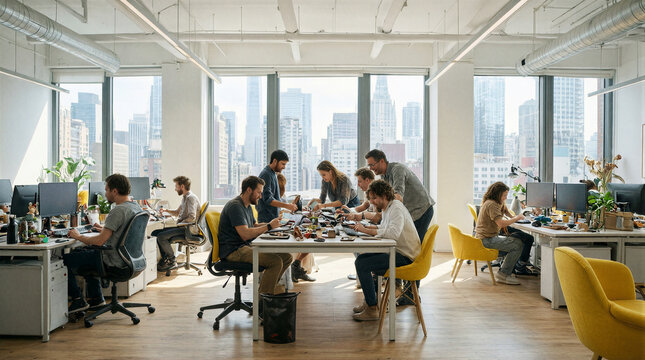 Sprawling urban view from a bright creative loft where professionals collaborate around a large table inside an airy workspace