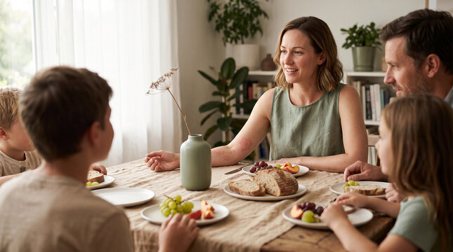Smiling mother with visible psoriasis on her arm eating with her family at home. Psoriasis awareness and acceptance concept
