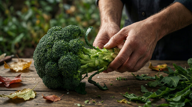 Fresh produce handling, chef hands twisting stem from fresh broccoli rabe on a rustic wooden board