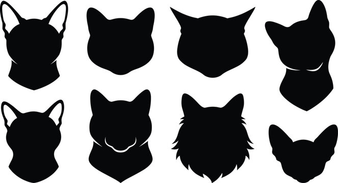 Set of black cat face silhouettes kitty head profile icons pet shop logo elements isolated on white background