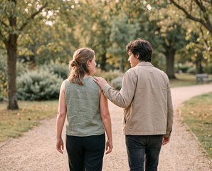 Fototapeta premium Back view of a supportive couple walking in a park. Woman with visible psoriasis on her arms walking with her partner. Skin condition acceptance concept