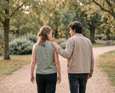 Back view of a supportive couple walking in a park. Woman with visible psoriasis on her arms walking with her partner. Skin condition acceptance concept