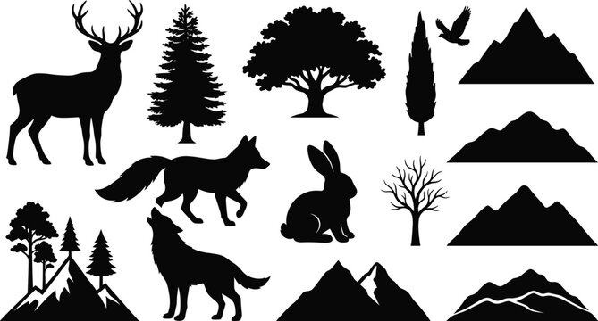 Forest wildlife and mountain landscape vector silhouettes collection set deer wolf fox rabbit trees nature graphic design elements