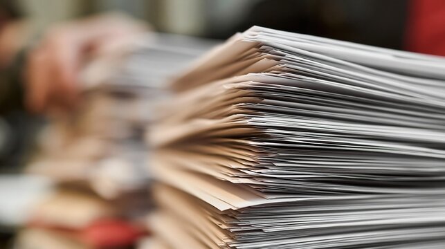 Stack of paperwork on desk with blurred hand