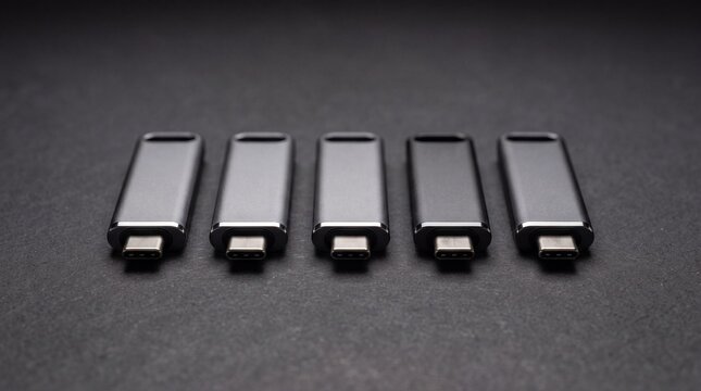 Five identical metallic silver usb flash drives with usb-c connectors arranged in a ad social media download thambnail poster web template event festival 2026 2027 2028