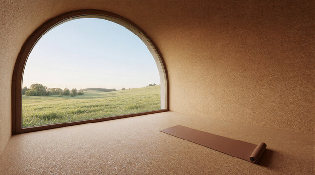 Warm cork flooring yoga studio interior featuring a massive arched window framing a green rural landscape view