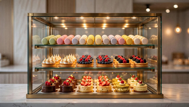 A modern glass display cabinet showcases rows of colorful macarons fruit tarts and elegant mini cakes inside a bright upscale pastry shop kitchen.