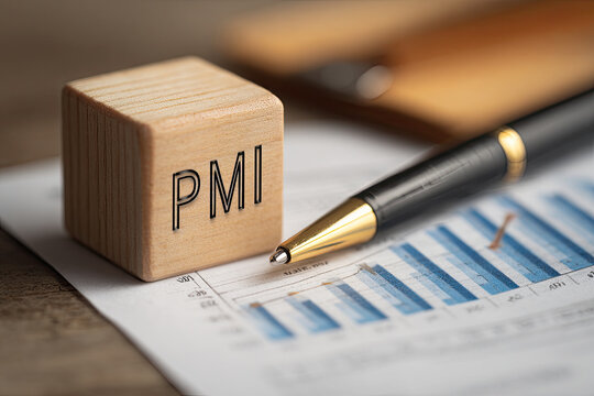 Text PMI on wood cube and  pen lay on chart candle document paper , economic data concept 