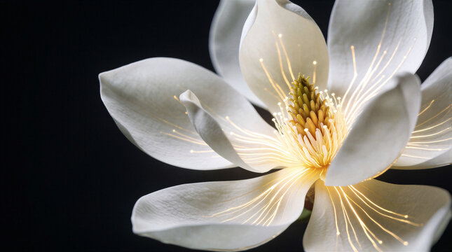 Glowing magnolia flower featuring organic white petals embedded with luminous fiber optic veins converging centrally