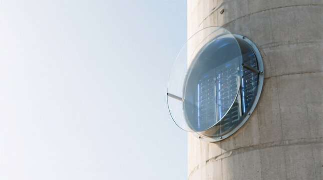 Modern circular glass viewing port retrofitted into an old concrete structure revealing glowing server racks inside