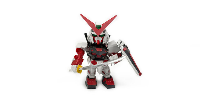 Kediri, East Java, Indonesia &ndash; August 26, 2026: Gundam Robot Model Figure with Sword and Shield Displayed on White Background
