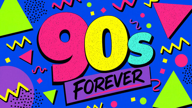 90s Retro Background with Colorful Geometric Shapes and Vibrant Pop Art Style Text Design