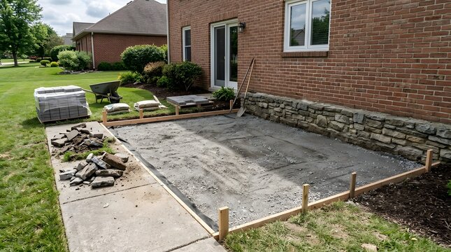Backyard Patio Base Prepared with Gravel, Forms, Pavers, and Tools