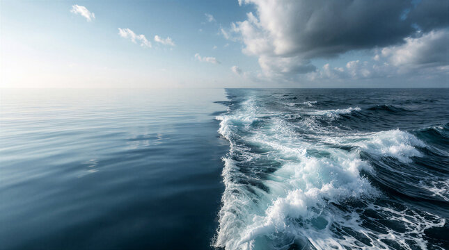Ocean divide showing a sharp vertical line between perfectly calm mirror water and violent churning waves