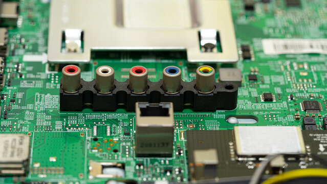 Close-up of component video RCA jacks on electronic mainboard