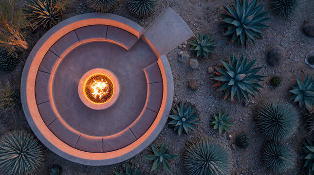 Modern desert architecture features a sunken circular fire pit with smooth concrete seating surrounded by agave landscape