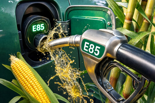 E85 ethanol fuel nozzle pumping biofuel into a car tank with corn stalks in background