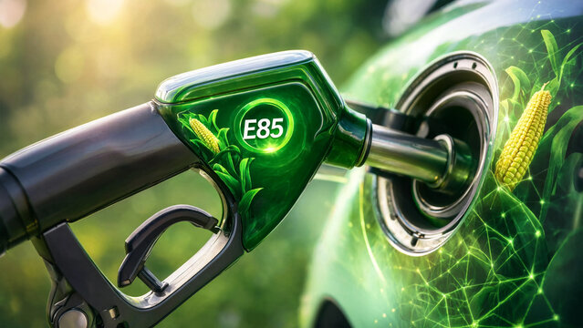 E85 ethanol fuel nozzle refueling a car with corn bioenergy concept