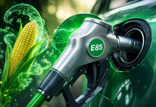 E85 ethanol fuel nozzle pumping biofuel into a car with corn cob and green liquid splash