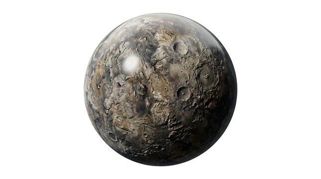 Isolated detailed moon sphere with craters against white background.