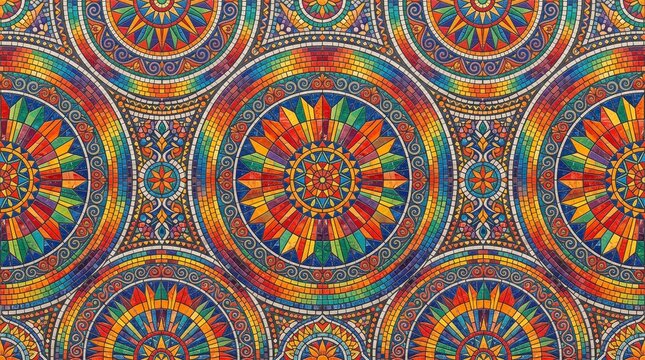 Bohemian mandala pattern with intricate beadwork texture, colorful tribal mosaic background, ethnic geometric textile design