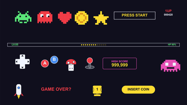 Retro arcade game screen with pixelated characters, icons, and game elements like score and level