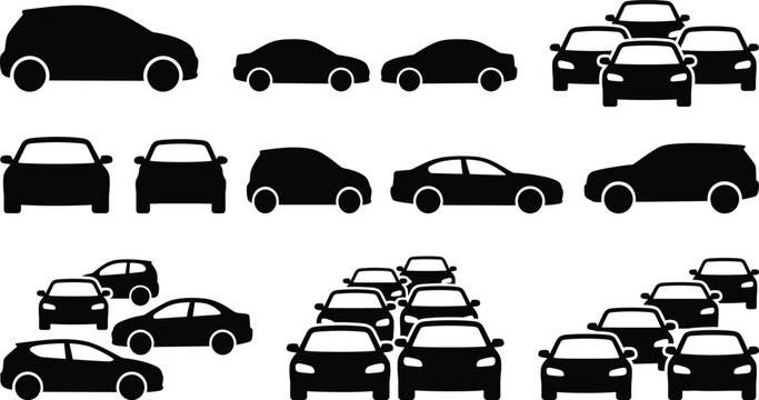 Car vector silhouettes collection set of sedan hatchback suv traffic jam road congestion transport graphic design elements