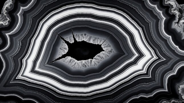 Macro view of black, white agate stone. Polished mineral specimen shows natural concentric layers, crystal patterns. Smooth gemstone texture features grey wavy lines, organic oval shape. Beautiful