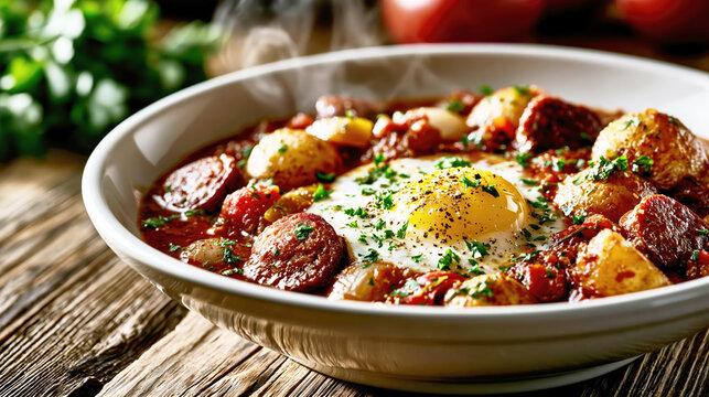 Rustic Potato Sausage Stew with Fried Egg &ndash; AI Generative