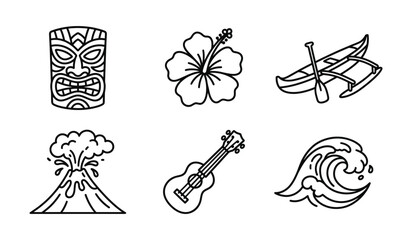 Hawaii themed line art collection, Polynesian mask, hibiscus flower, boat, volcanic mountain, ukulele and ocean wave. © mdbhraju76