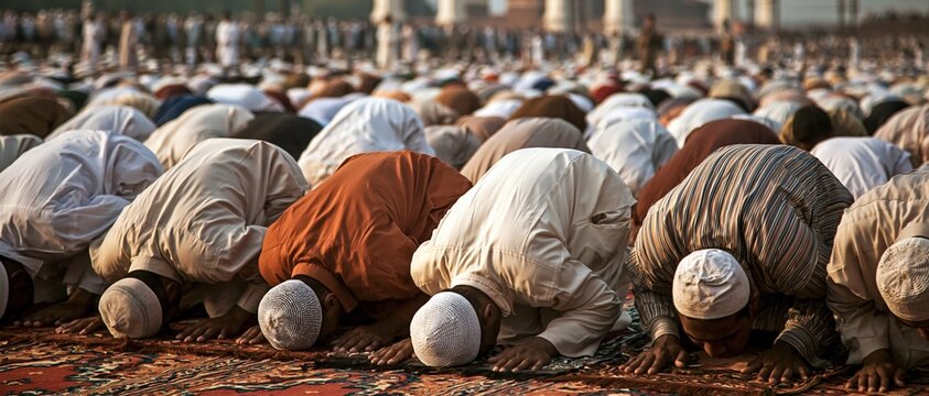 Muslim men praying together in mosque