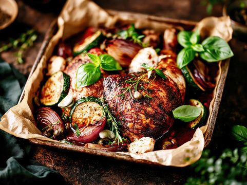 Rustic One-Pan Roasted Chicken Legs with Zucchini &ndash; AI Generative