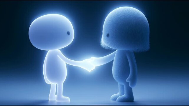 Two characters in a dark space create a glowing handshake, showing connection and unity between them. Light brightens the area around them.