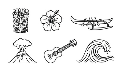 Polynesian culture icon set, tiki mask, hibiscus flower, canoe, volcano, ukulele and ocean wave line art. © mdbhraju76