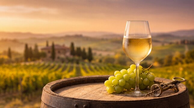 Chilled White Wine Glass In Sunlit Tuscan Vineyard