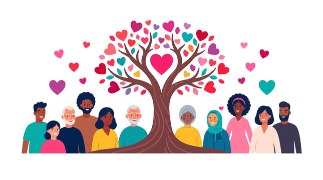 Diverse group of people standing beneath a heart tree illustration