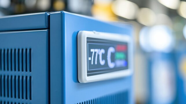 Close up of blue industrial freezer showing minus