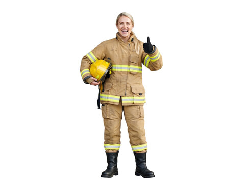 Caucasian female firefighter in protective gear giving a thumbs up