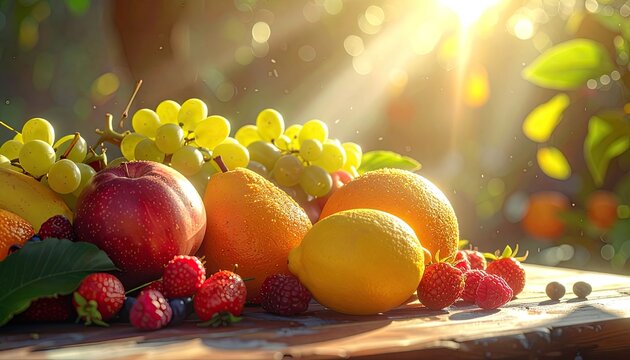 A vibrant assortment of fresh fruits bathed in warm sunlight.