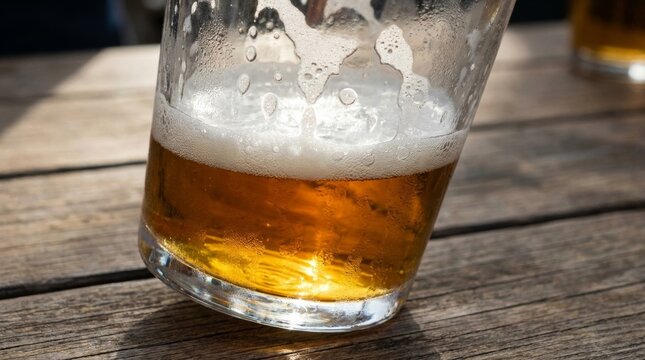 Condensation covered pint of golden beer with foam on rustic wooden table