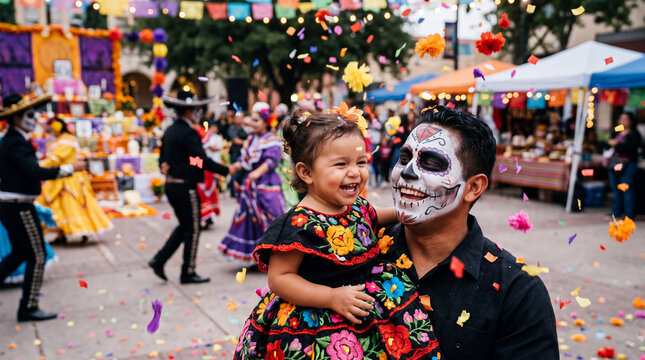 A mixed Hispanic father with sugar skull face paint holds his laughing daughter in a traditional Mexican dress at a confetti-filled Day of the Dead plaza, ideal for event marketing.