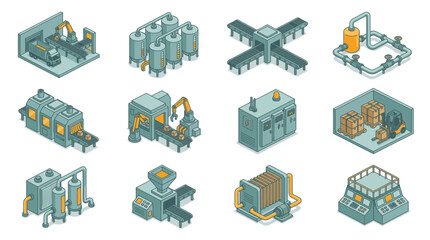 Naklejka premium Isometric Industrial Factory Buildings and Warehouses Collection.