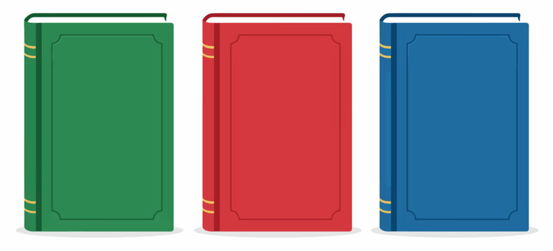 Rectangular vector blank colored realistic book cover mockup, closed organizer or notebook cover template with sheet of A4. Front view of elegant green, red and blue notepad with binding mock up