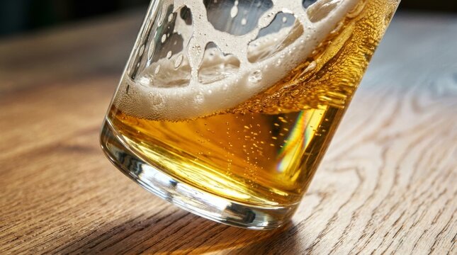 Closeup of golden beer pint with foam head bubbles and wood grain