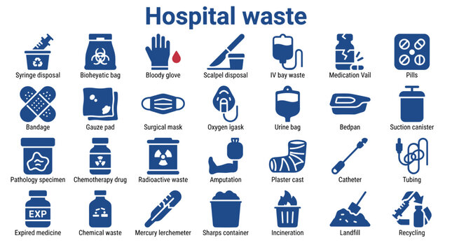 A collection of blue icons representing various types of hospital waste and medical supplies, isolated on a transparent background.